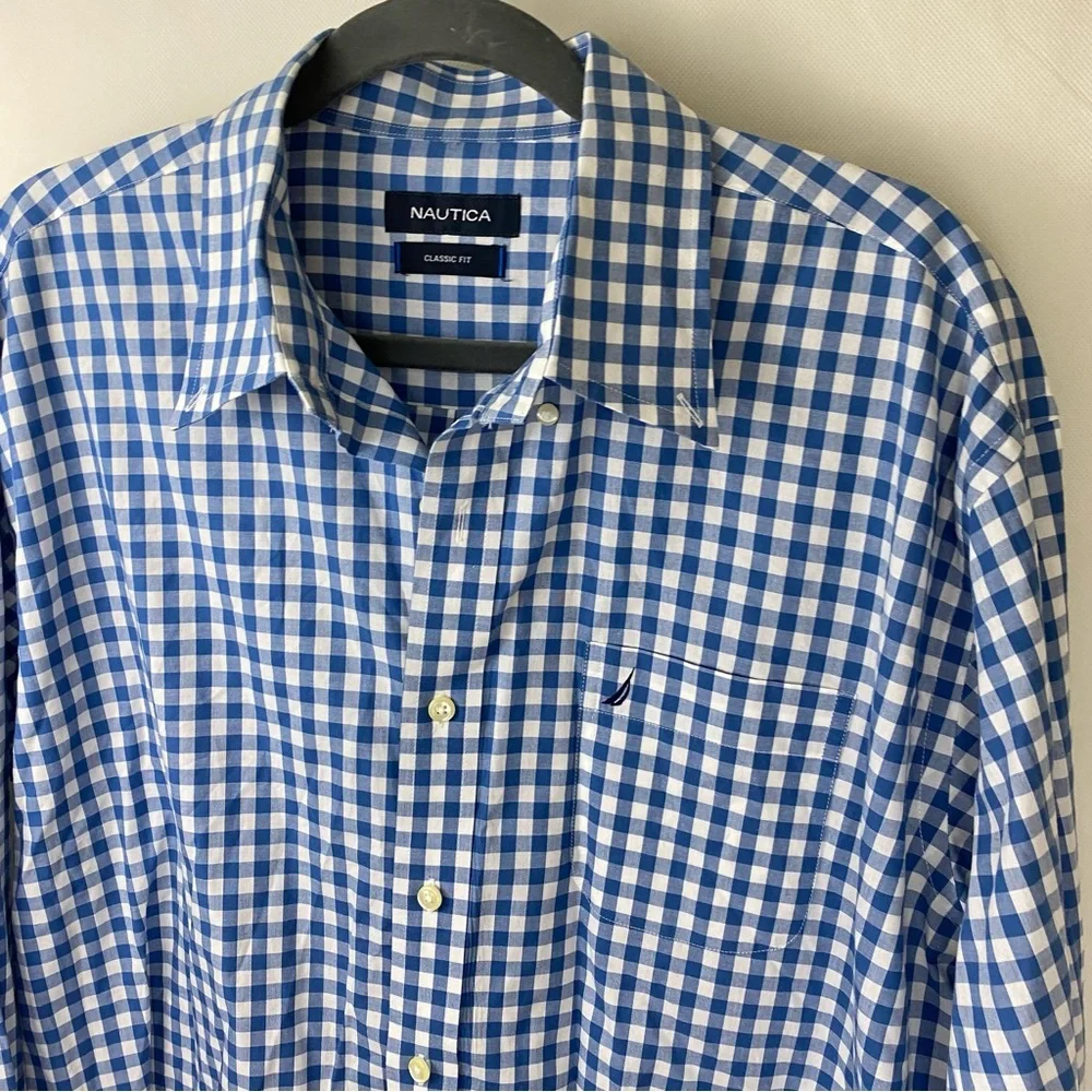 Nautica men’s Blue and White Gingham Casual dress button down classic fit Shirt - Picture 4 of 6